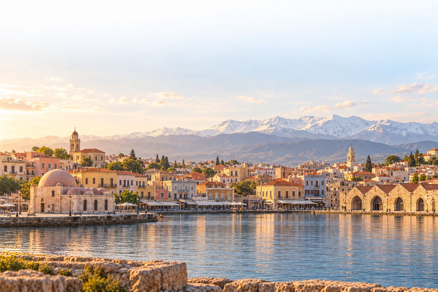 Chania's Venetian harbour and old town in late-afternoon light, the snow-capped White Mountains behind