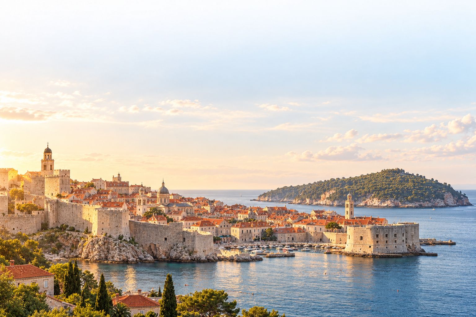 Dubrovnik's old town walls and roofs in golden light, the old port below and Lokrum island across the water