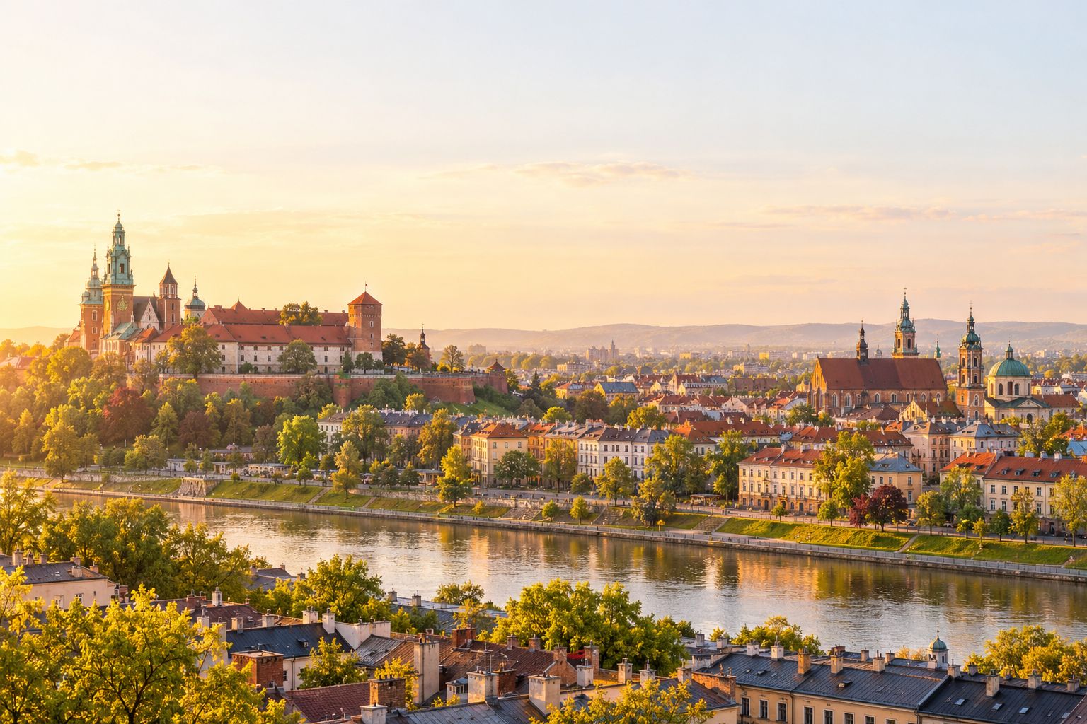 Wawel and the Kazimierz rooftops in late-afternoon light, seen across the Vistula from the Podgórze bank