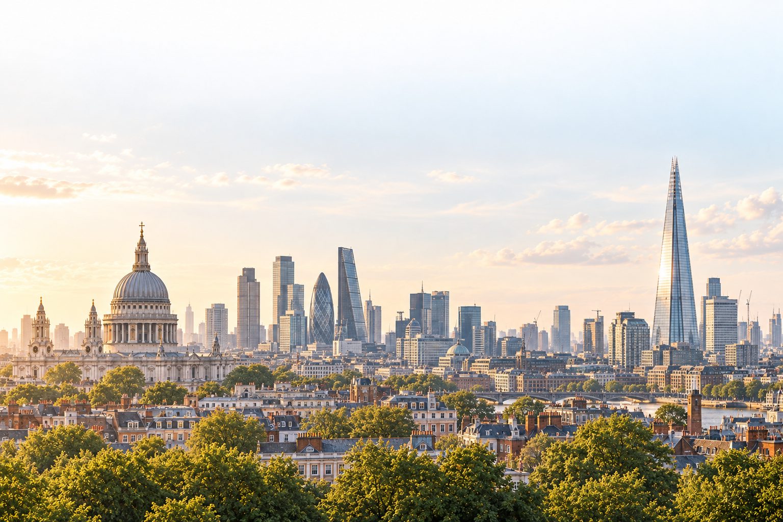 London from the north at golden hour: St Paul's, the City towers and the Shard above the trees