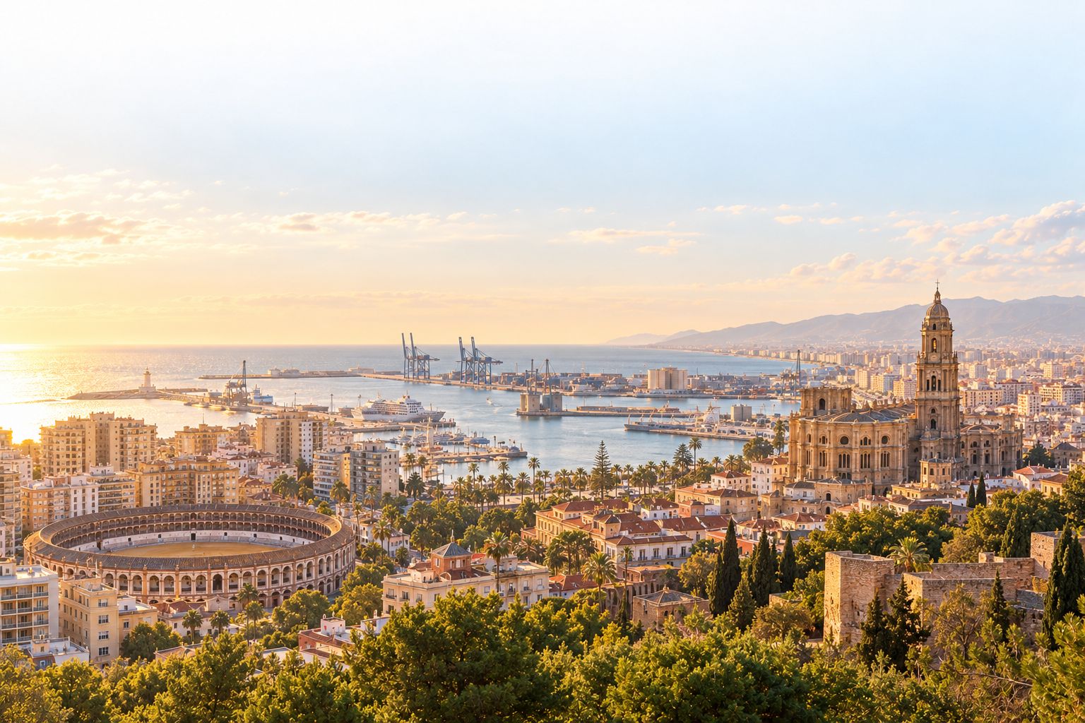 Málaga in the morning from the Gibralfaro lookout: the bullring, the port and the one-towered cathedral, with the sea behind