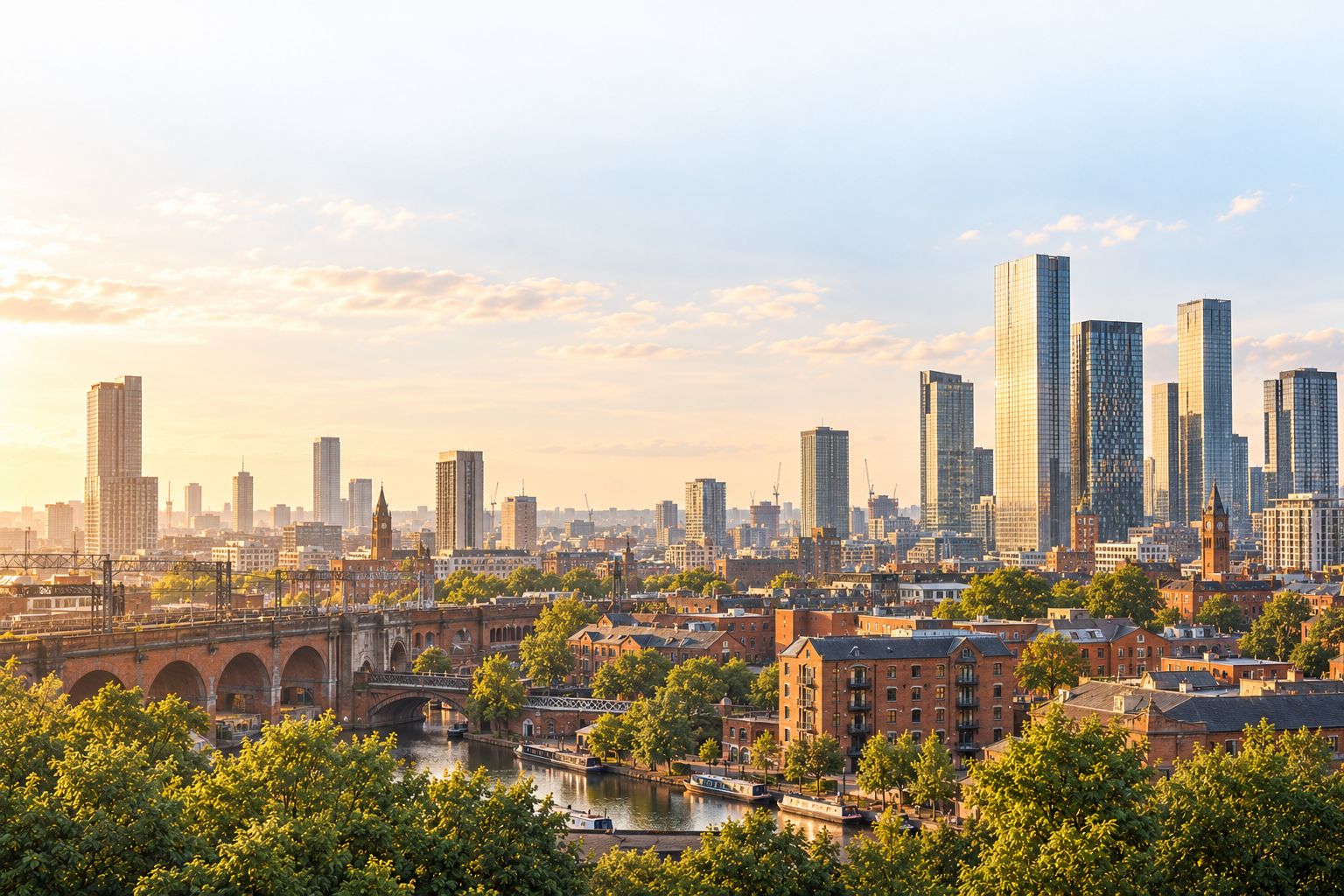 Castlefield in Manchester at golden hour: brick railway viaducts over the canal, mill buildings and the Deansgate towers behind