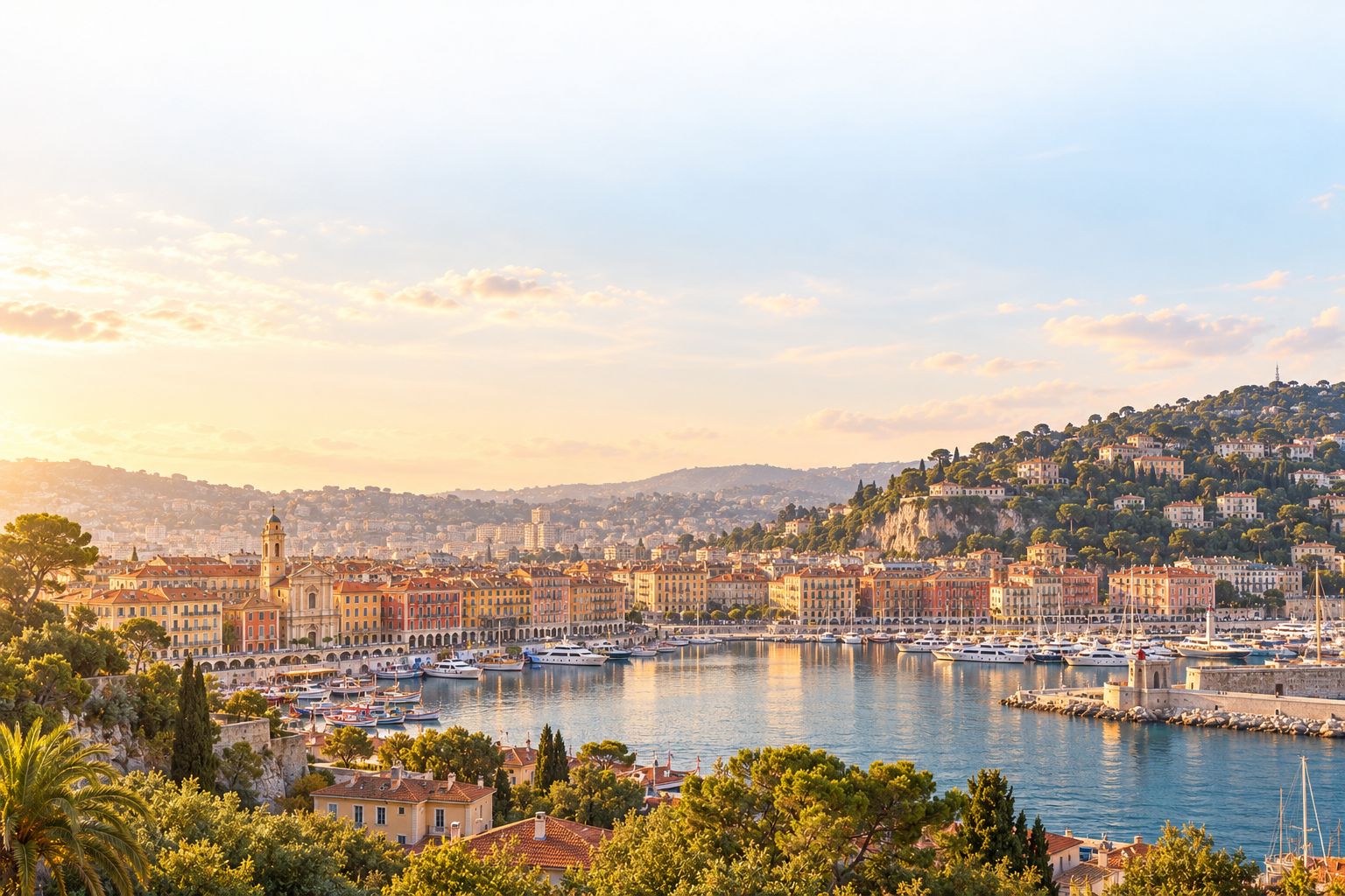 Nice's Port Lympia from the castle hill in golden light: ochre and red façades around the harbour, boats in the basin, Mont Boron behind