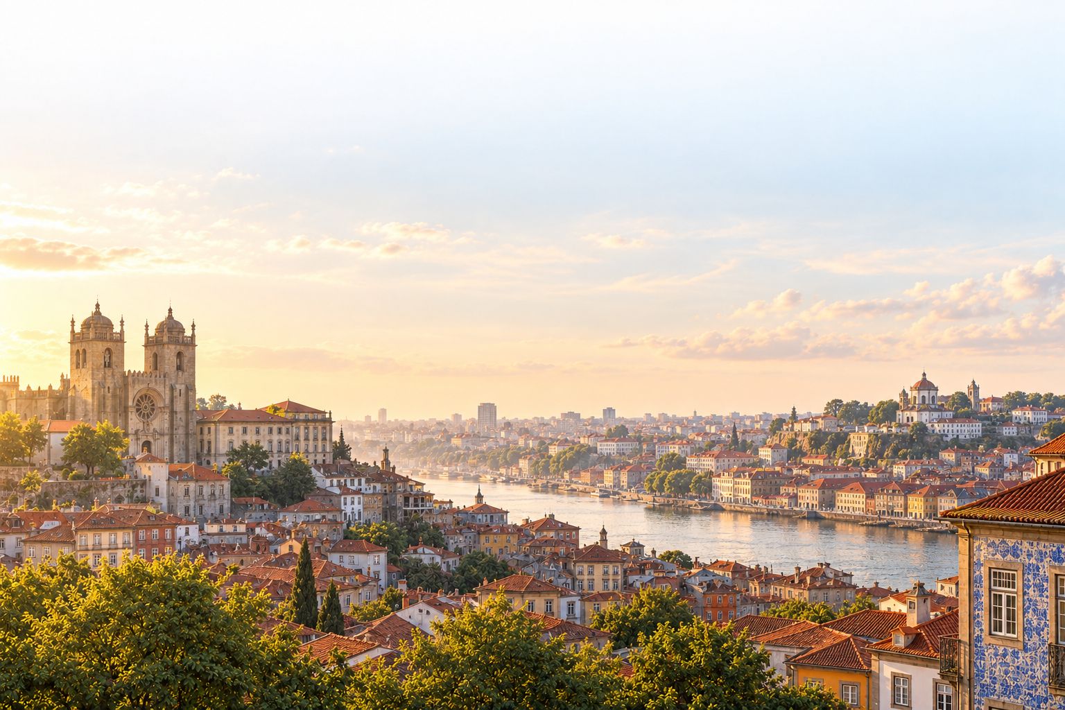 Porto from the Passeio das Virtudes in late-afternoon light: the Baixa's roofs falling to the Douro, the Sé, and Gaia's port lodges across the river
