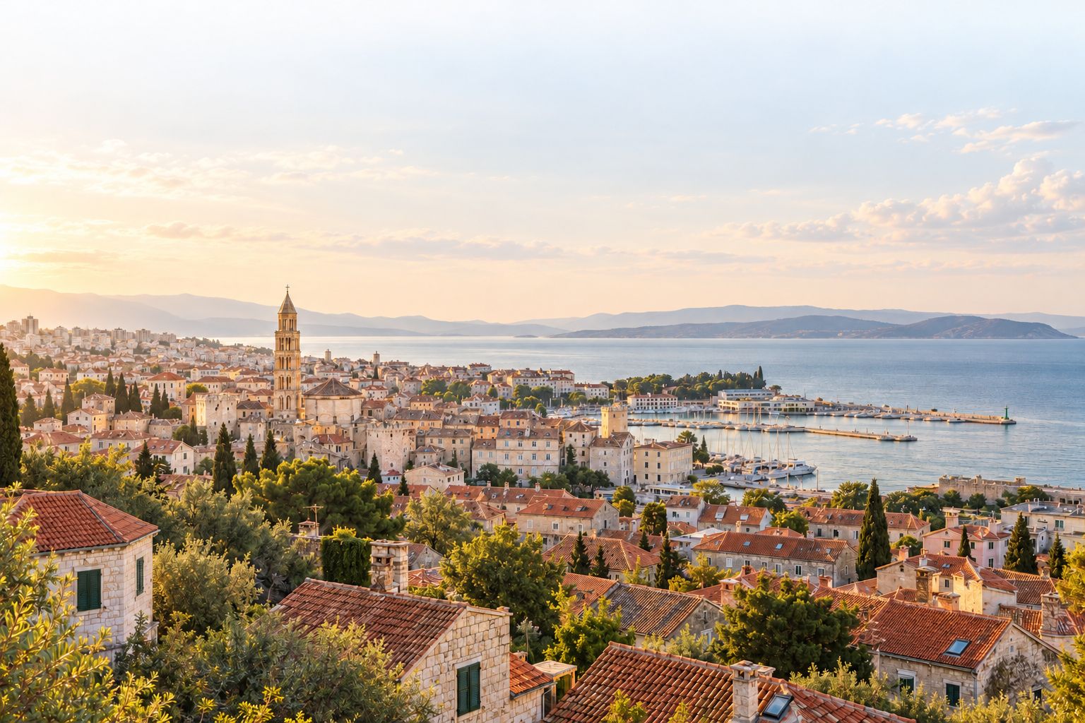 Split from Marjan in late-afternoon light: the Varoš roofs, the bell tower of St Domnius and the port, with Brač and Šolta beyond