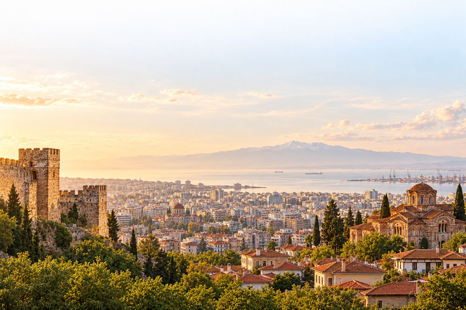 Thessaloniki from the Ano Poli walls at sunset: terracotta roofs and blocks of flats down to the Thermaic Gulf, with Olympus across the water