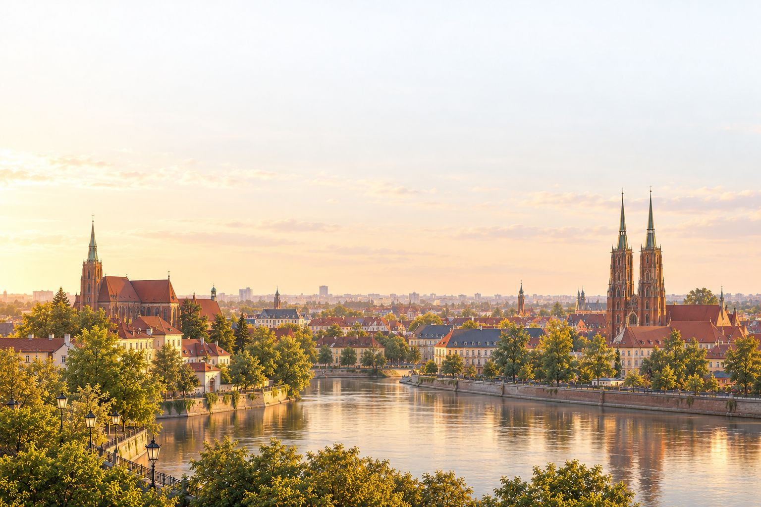 Ostrów Tumski in Wrocław in late-afternoon light, the twin cathedral towers above the Odra and old lamps along the embankment