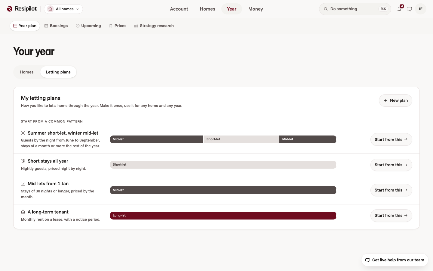 Owner year planner showing short-let, mid-let and long-let plans