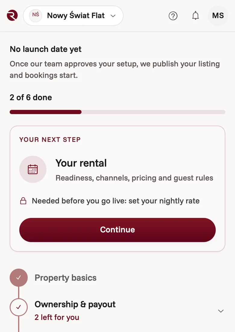 The home setup tracker on a phone: two of six steps done and the next step ready