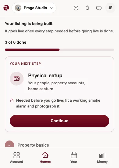 The home setup tracker on a phone: three of six steps done and the next step ready