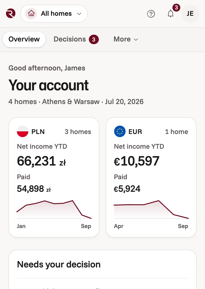 The owner account on a phone, with income, payouts and decisions waiting
