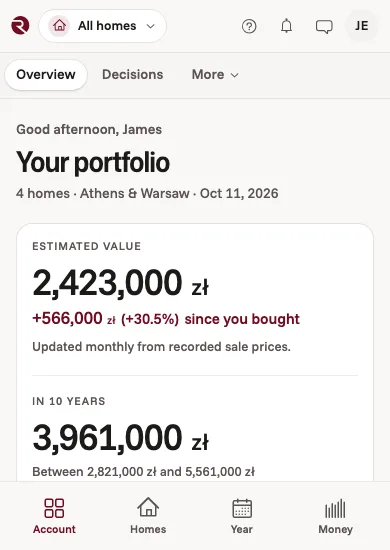 The owner portfolio on a phone: the estimated value of the homes and the gain since they were bought