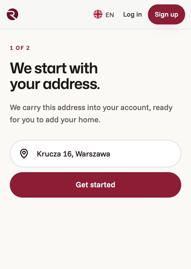 The first sign-up screen on a phone, with a Warsaw address typed in