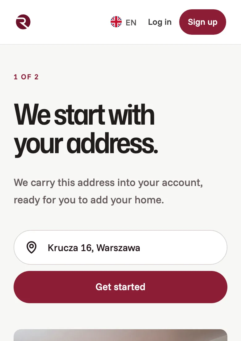The first sign-up screen on a phone, with a Warsaw address typed in