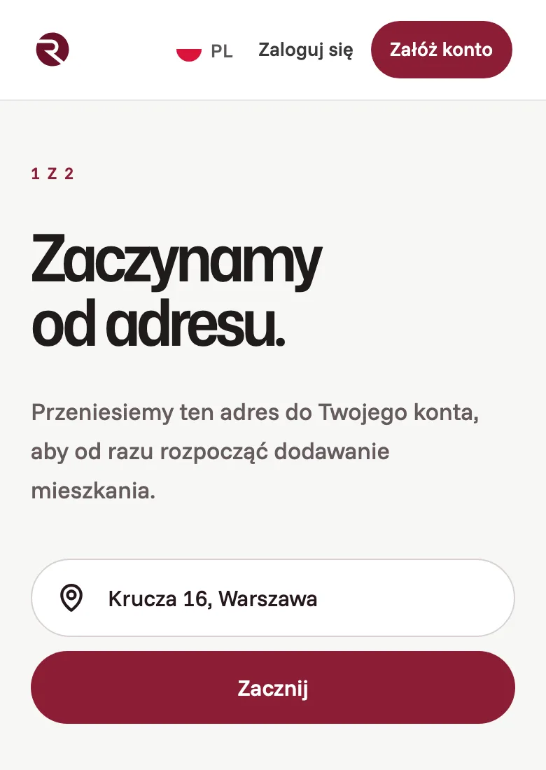 Pierwszy ekran rejestracji na telefonie z wpisanym warszawskim adresem