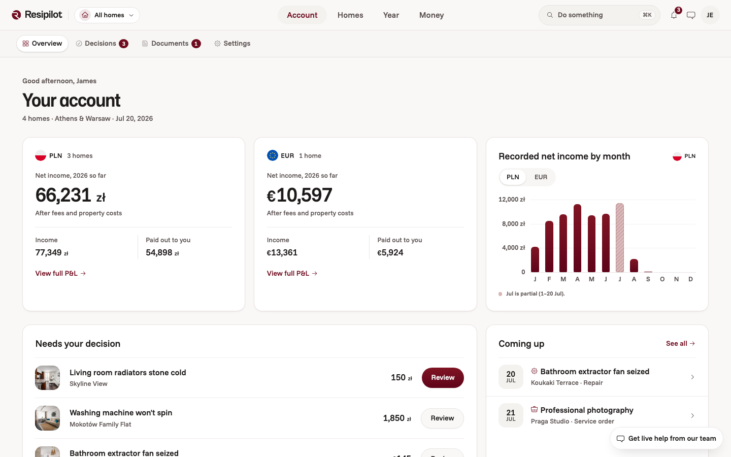 Owner account overview showing four homes across Warsaw and Athens, with separate PLN and EUR results
