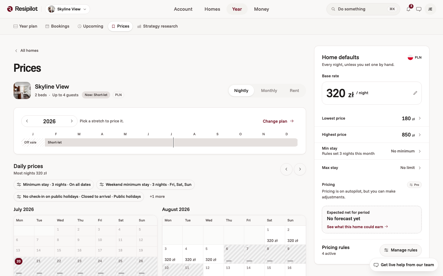 Owner pricing screen with nightly base rate, price limits and rule controls
