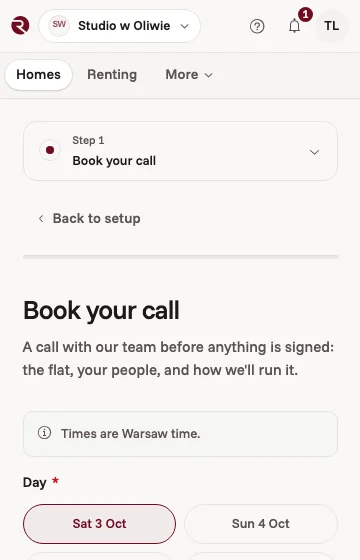 Booking a call with our team in the owner app, with days to choose from