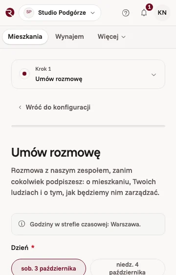 Umawianie rozmowy z nami w aplikacji właściciela, zanim cokolwiek zostanie podpisane, z dniami do wyboru