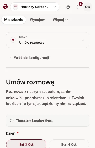 Umawianie rozmowy z nami w aplikacji właściciela, zanim cokolwiek zostanie podpisane, z dniami do wyboru