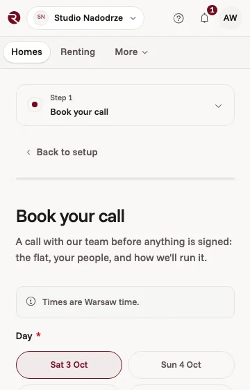 The owner app booking a call with our team, with days to choose from
