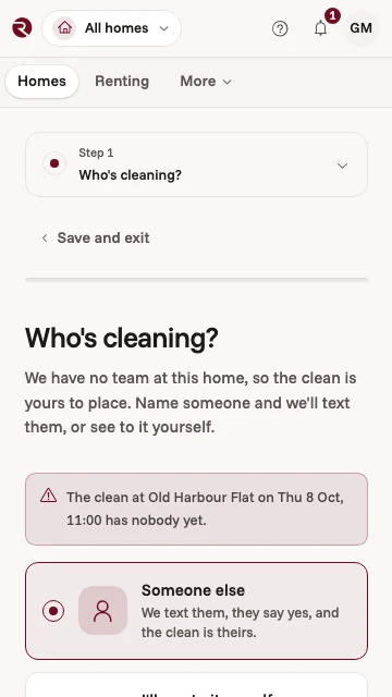 The owner app asking who's cleaning: a clean at your house has nobody yet