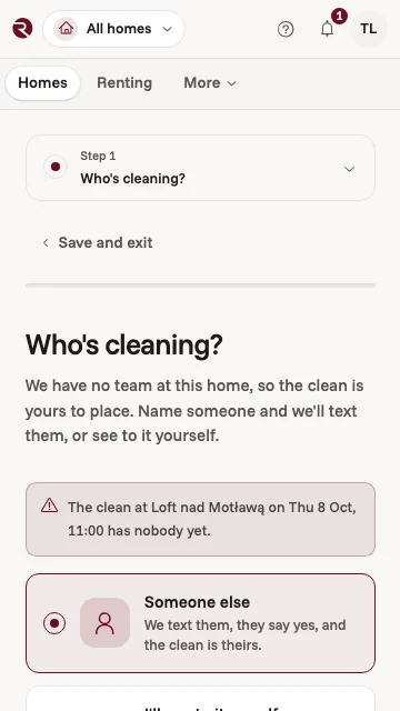 The owner app asking who's cleaning: the next clean at your flat has nobody yet