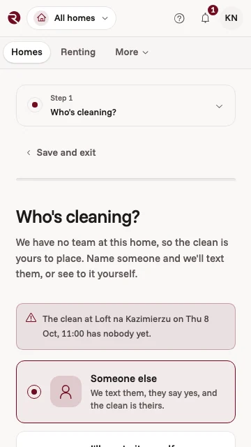 The owner app asking who's cleaning: the next clean at your Kraków flat has nobody yet