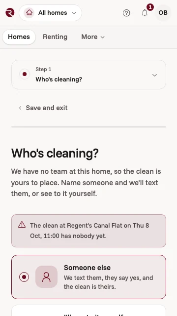 The owner app asking who's cleaning: next Thursday's clean has nobody yet