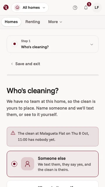 The owner app asking who's cleaning: the next clean at a Málaga flat has nobody yet