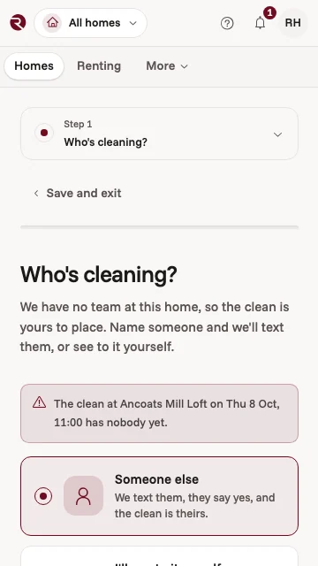 The owner app asking who's cleaning: the next clean at a Manchester flat has nobody yet
