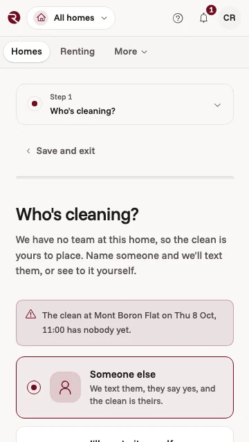 The owner app asking who's cleaning: next Thursday's clean has nobody yet