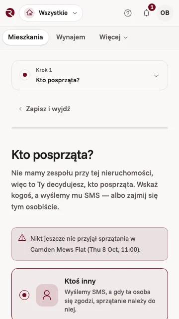 Aplikacja właściciela pyta, kto posprząta: sprzątania w czwartek o 11:00 nikt jeszcze nie przyjął, wybrano opcję Ktoś inny, do której wyślemy SMS