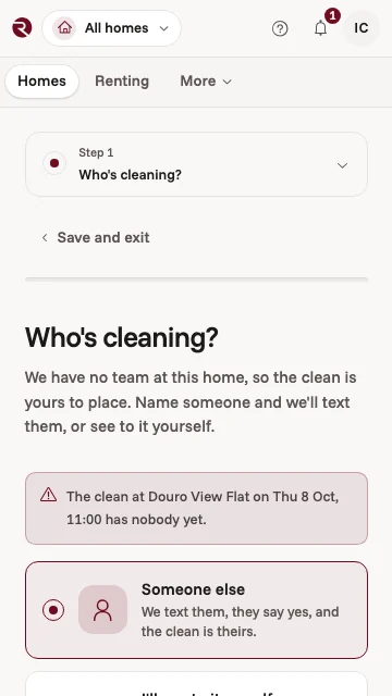 The owner app asking who's cleaning: the next clean at a Porto flat has nobody yet