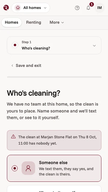 The owner app asking who's cleaning: a clean at a Split apartment on a day in August has nobody yet