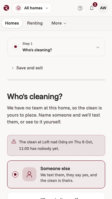 The owner app asking who's cleaning: Thursday's clean at your Wrocław flat has nobody yet