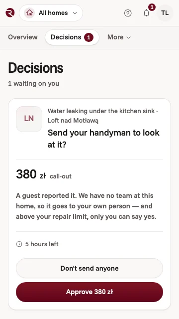 A decision in the owner app: a guest reported water leaking under the kitchen sink. Send your handyman for a call-out above the repair limit, with Approve and Don't send anyone