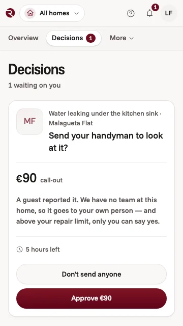 A decision in the owner app: a guest reported a fault. Send your handyman for a call-out above the repair limit, with Approve and Don't send anyone