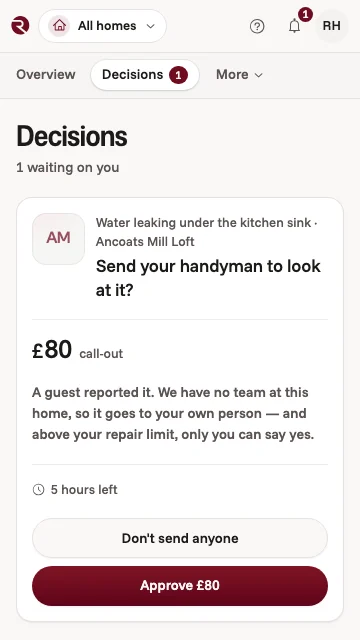 A decision in the owner app: a guest reported water leaking under the kitchen sink. Send your handyman for a call-out above the repair limit, with Approve and Don't send anyone