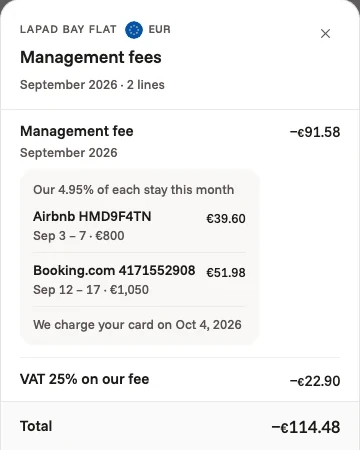 The owner app's management fees for a Dubrovnik apartment: 4.95% of each stay in the month, plus&nbsp;25% VAT, charged to the owner's card