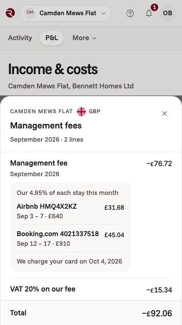 The owner app's management fees for September: 4.95% of two stays, £76.72, plus VAT, charged to the owner's card on 4 October