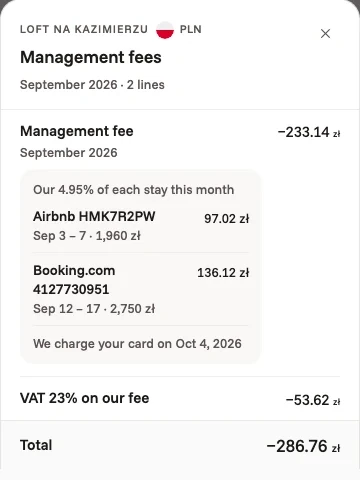 The owner app's management fees for your Kraków flat in September: 4.95% of two stays, plus&nbsp;23% VAT, charged to the owner's card