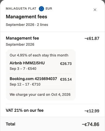 The owner app's management fees for a Málaga flat in September: 4.95% of two stays, plus VAT, charged to the owner's card