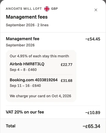 The owner app's management fees for a Manchester flat in September: 4.95% of two stays, plus VAT, charged to the owner's card