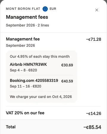 The owner app's management fees for a flat in Nice in September: 4.95% of two stays plus VAT, charged to the owner's card