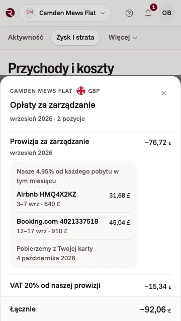 Opłaty za zarządzanie we wrześniu w aplikacji właściciela: 4,95% od dwóch pobytów, 76,72 £ plus VAT, pobierane z karty właściciela 4 października