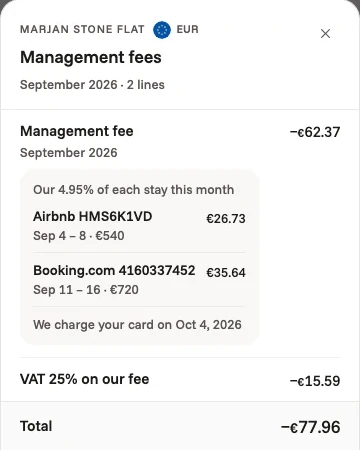 The owner app's management fees for a Split apartment: 4.95% of each stay in the month, itemised, charged to the owner's card