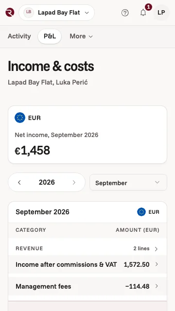The owner app's income and costs for a Dubrovnik apartment in September: income from bookings, management fees and the net
