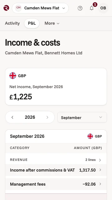 Ingresos y gastos de septiembre en la app para propietarios: 1225&nbsp;£ de ingresos netos después de las comisiones de los canales y de la nuestra