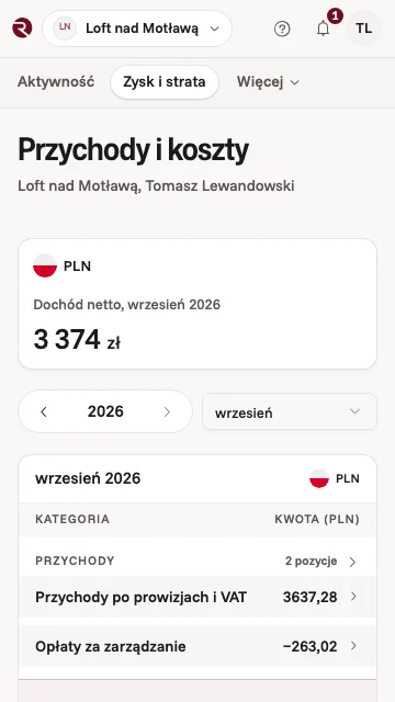 Przychody i koszty mieszkania w aplikacji właściciela za jeden miesiąc: dochód netto, przychód po prowizjach i VAT oraz opłata za zarządzanie